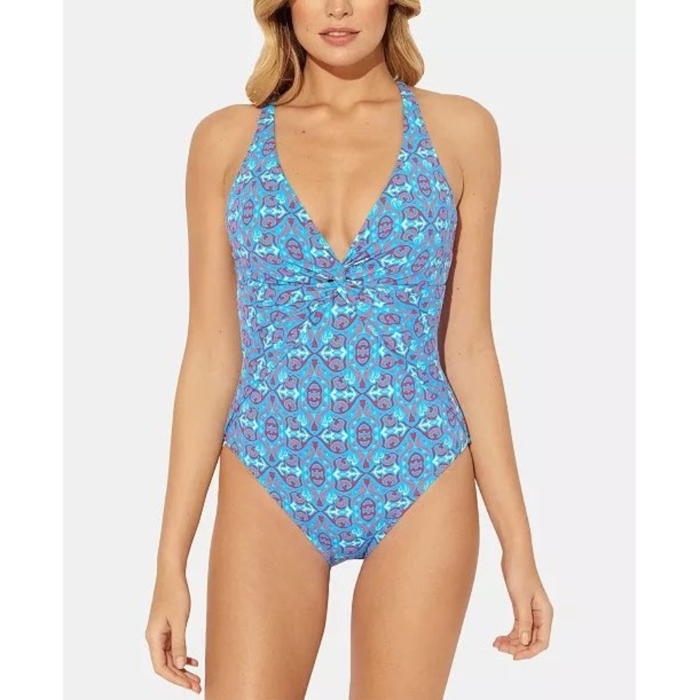 NWOT Bleu Rod Beatte 1 One Piece Swimsuit Halter Ruched Blue Red Pattern‎ Size 6